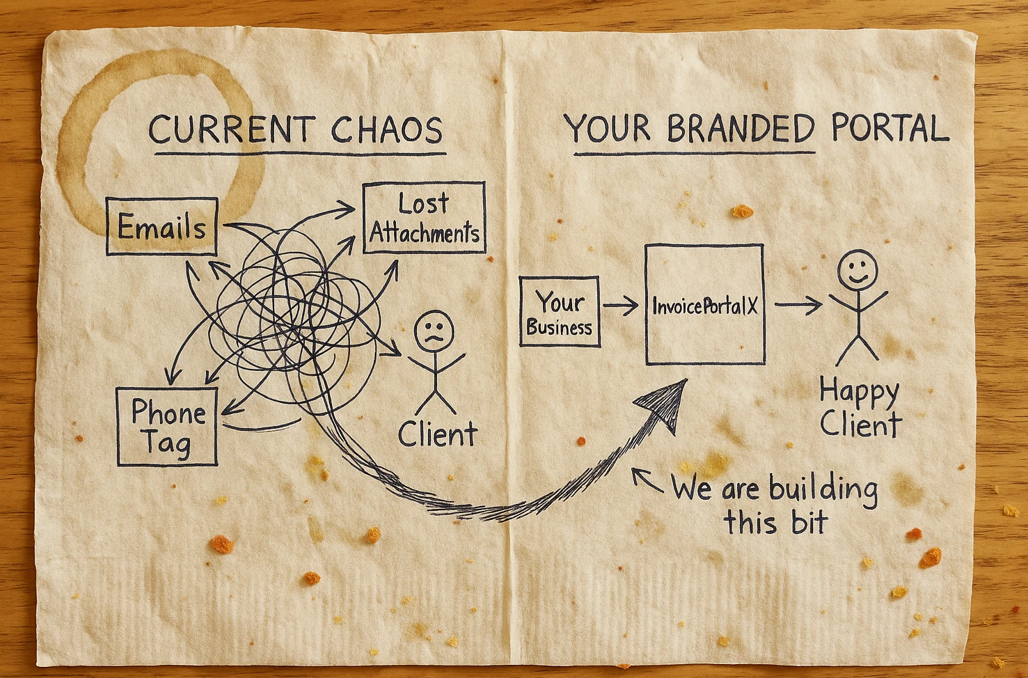 Concept sketch showing the chaos of email attachments versus a single customer portal hub.