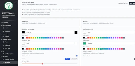 Branding customization interface showing logo upload and theme options
