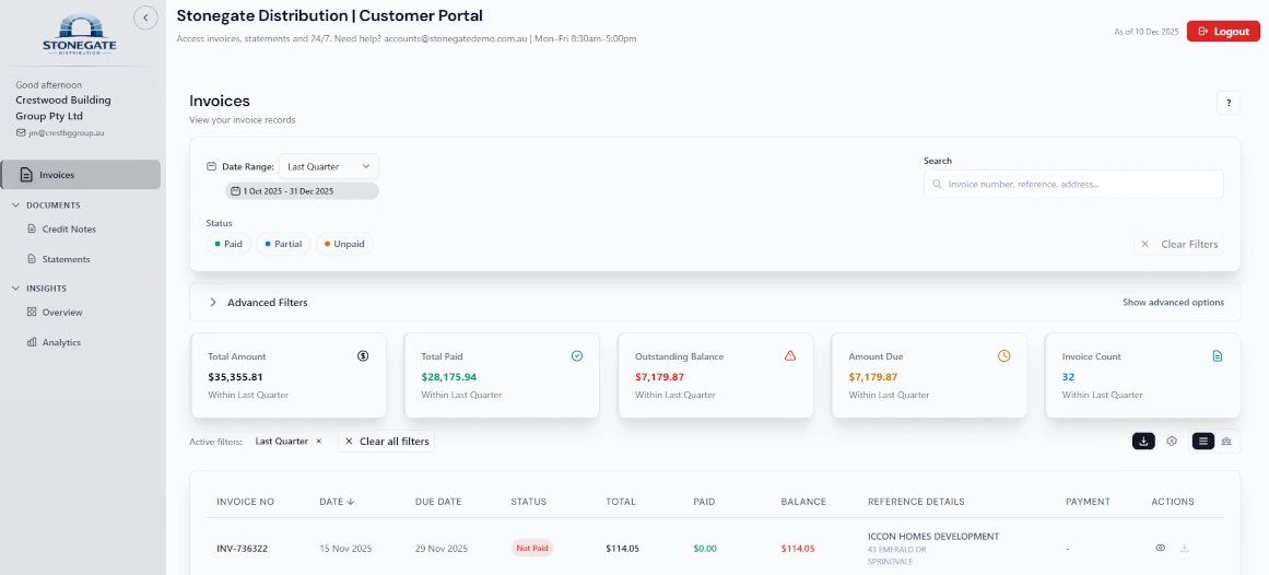 Customer account portal interface showing invoice list with search, filtering, balance visibility, and download options