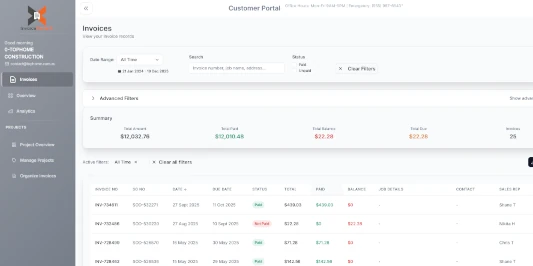 Customer invoice portal interface showing invoice list with search, filtering, and download options